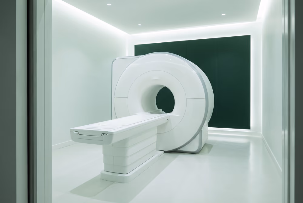 Visualization of the imaging suite: a wide-bore MRI scanner against a deep green wall panel